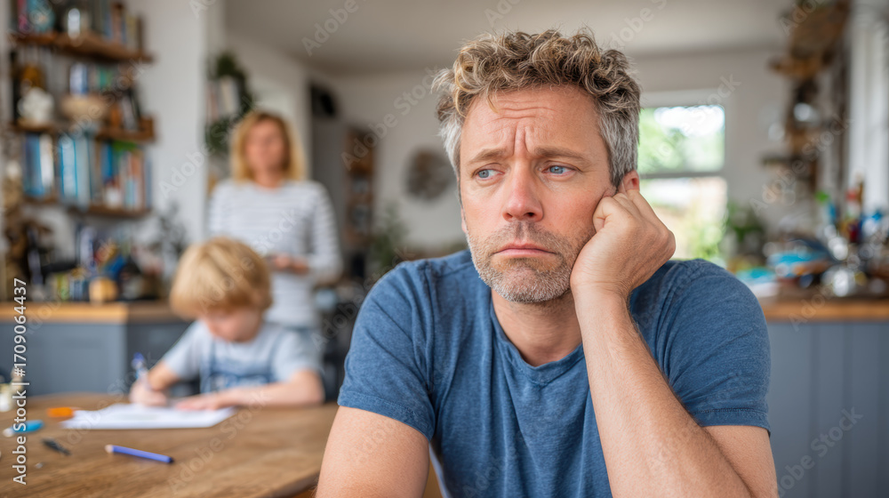 Fototapeta premium Stressed man sitting worried about finance at home kitchen