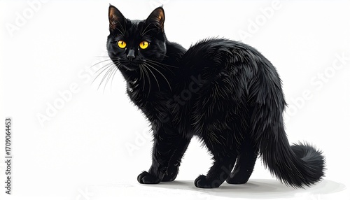 A spooky Halloween black cat isolated on white background, showing arched back and glowing eyes