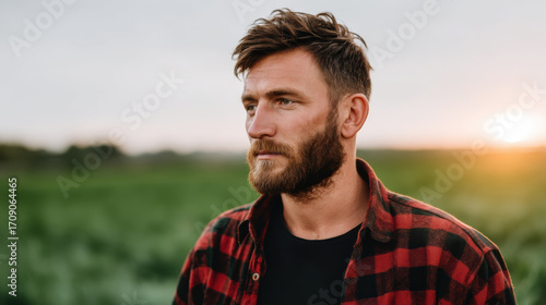 Young bearded man in plaid shirt standing in green field