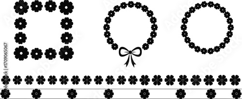 Black floral design elements, flower wreaths, borders, frames, decorative patterns, vector silhouettes, nature-inspired, elegant, ornamental flower decorations