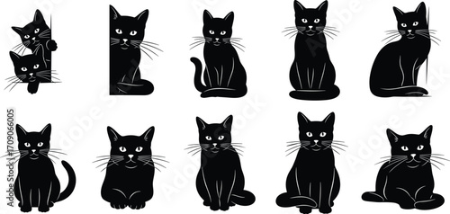 Black cat silhouette vector set, sitting and peeking poses, cute cartoon feline illustrations, isolated black cats for Halloween design