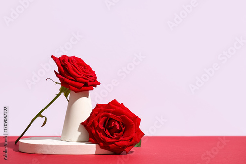 Two red roses on white geom...