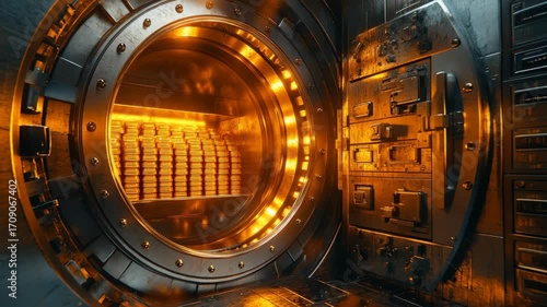 A large secure bank vault filled with stacked bars of gold illuminated with glowing light, symbolizing wealth, finance, investment, banking security, gold reserve, economy, fortune, financial treasure