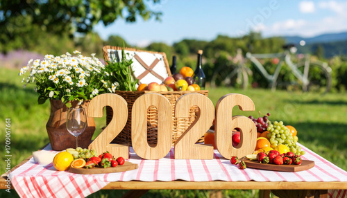 Wooden 2026 with Picnic Basket and Fruits Summer Outdoor Scene.
