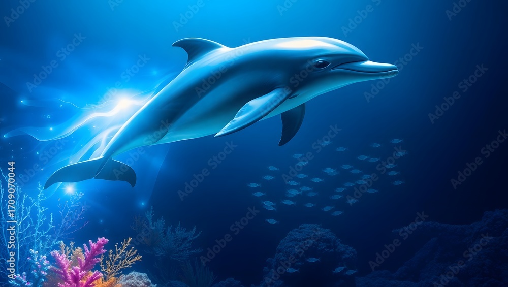 Obraz premium A captivating dolphin gracefully swims through the deep blue ocean, surrounded by vibrant coral reefs and schools of fish, creating a mesmerizing underwater scene
