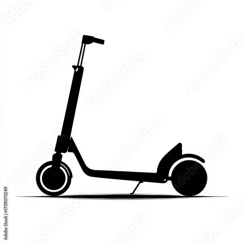 Black silhouette of electric scooter icon in clean minimalist vector style, simple flat design, isolated with no background, modern and clear symbol for digital or print use