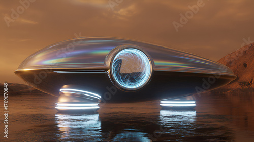 Futuristic UFO with Glowing Portal on Alien Landscape