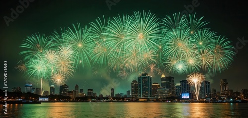 A Stunning Pyrotechnic Display Illuminates Montreal s Night Sky with Emerald Green and Brilliant Gold Bursts.