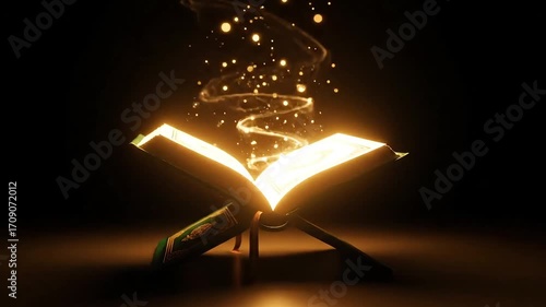 The ancient Holy book Quran glows with divine light and magical energy, illuminating the darkness with hope.