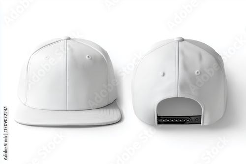 A white snapback cap mockup from the front and back, showcasing its design and structure