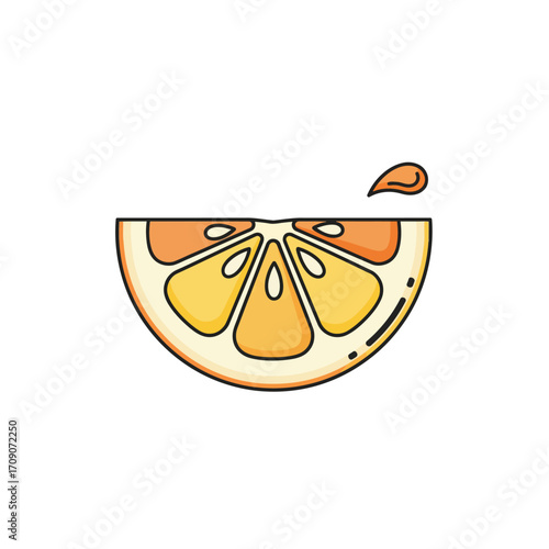 A vibrant illustration of a juicy orange slice with a splash of juice, isolated on white.
