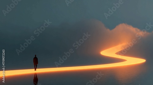 Solitary figure walks glowing path through misty surreal landscape seeking bright future