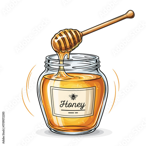Illustration of a jar of honey with a honey dipper.