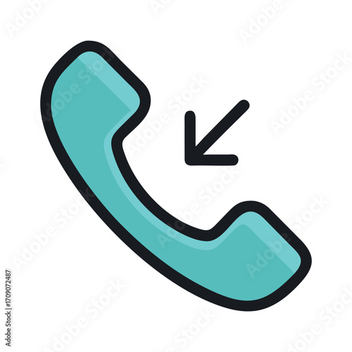 Incoming call vector icon cyan phone receiver with arrow symbol