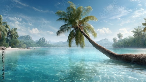 Serene coconut tree over crystal clear waters tropical paradise nature scene coastal environment wide angle view relaxation concept