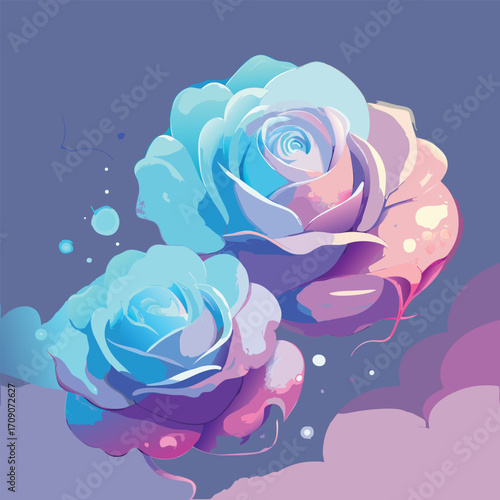 Two ethereal roses in pastel blue and pink hues flowers