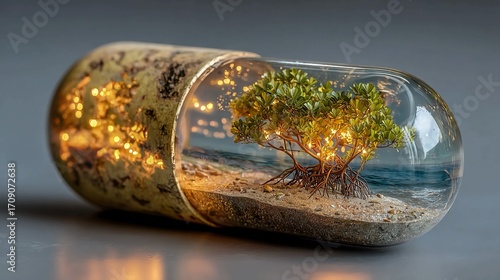 Captivating tiny ecosystem within a luminous capsule, showcasing nature's resilience and beauty.