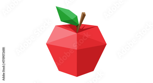 Geometric Red Apple with Green Leaf and Brown Stem Illustration.