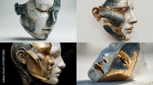 Abstract futuristic robot face sculptures blend marble, gold, and dark metal textures for unique art