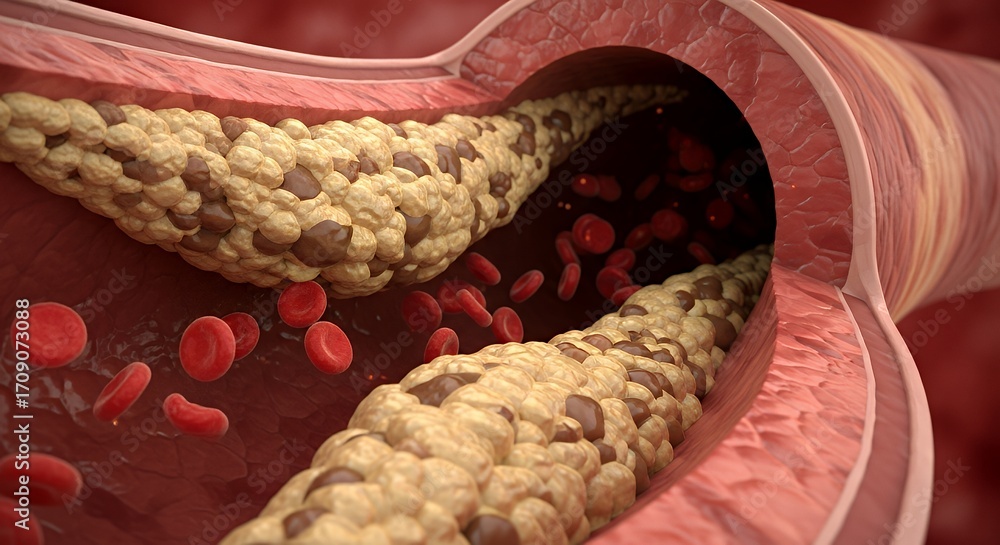 Obraz premium Detailed Illustration of Artery Blockage with Cholesterol Buildup and Red Blood Cells in Cross Section