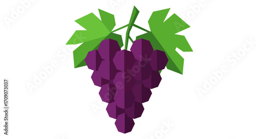 Stylized Purple Grape Cluster with Green Leaves Illustration.