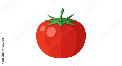 Stylized Red Tomato with Green Stem and Sepals Illustration.