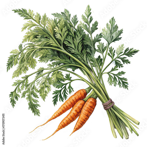 Freshly harvested vibrant carrots with lush green tops tied together, perfect for healthy eating and culinary inspiration.