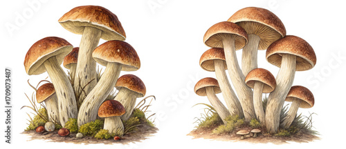 Stunning watercolor collection of wild mushrooms nestled in mossy forest floor, perfect for naturalistic designs