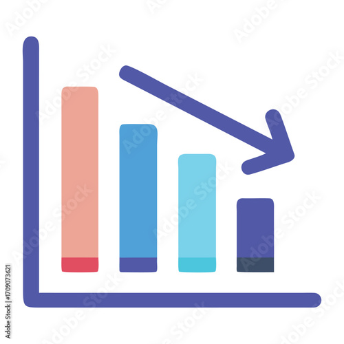 Bar chart showing downward trend arrow and declining data vector icon