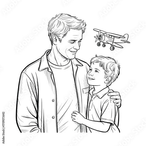 Father and son dream of flying together with toy airplane fantasy