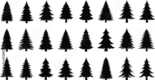 Black pine tree silhouettes, evergreen forest icons, Christmas tree shapes, coniferous tree vector, winter nature elements, holiday season decoration