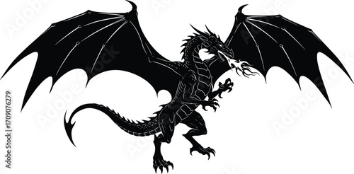 Black fierce dragon silhouette with wings spread, breathing fire, mythical fantasy creature, medieval beast, powerful winged reptile illustration