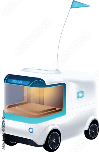 Isolated Autonomous robot delivery service. Futuristic urban delivery robot with a window to display products, food, and technology. A showcase of innovation in logistics and technology. Transparent 