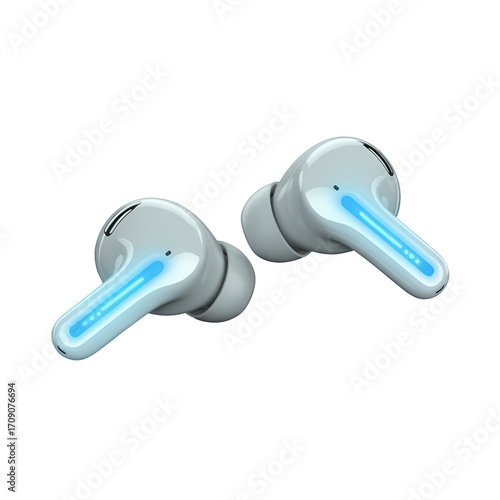 Two White Wireless Earbuds With Blue Light Accents earphones audio