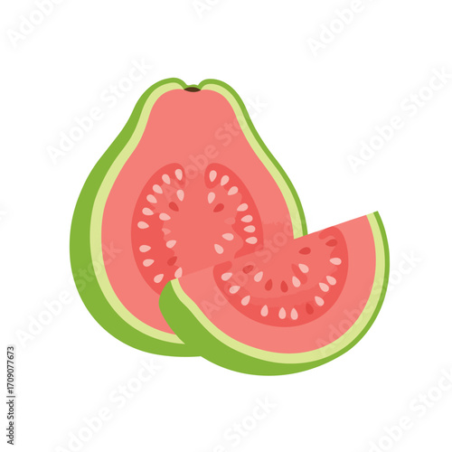 Vibrant pink guava halves and a fresh slice showcasing tropical fruit's juicy texture and healthy appeal in a clean, graphic illustration