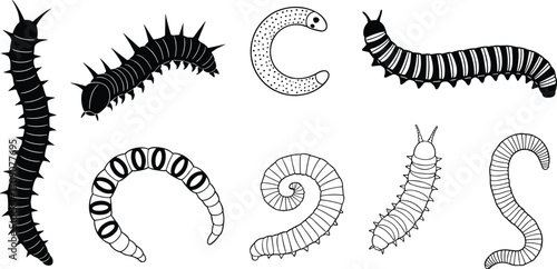 Collection of black and white caterpillar and worm illustrations, various shapes and styles, insect drawings, nature, creepy crawlies, vector art