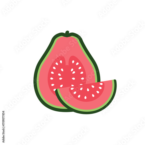 Vibrant pink guava fruit with an appetizing cross-section and an individual slice, perfect for healthy eating illustrations and exotic tropical designs