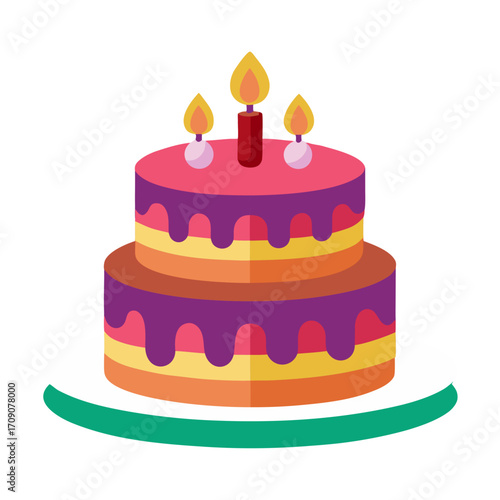 Colorful two-tier birthday cake with purple frosting, candles, and flames on white plate.
