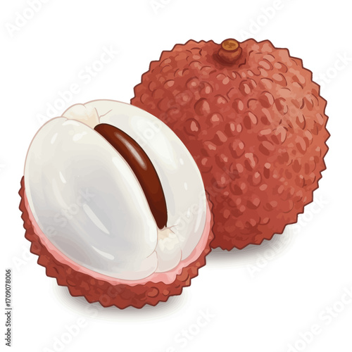 Vivid illustration of ripe lychee fruit, showcasing a whole berry alongside one revealing its translucent, sweet white flesh and dark brown seed