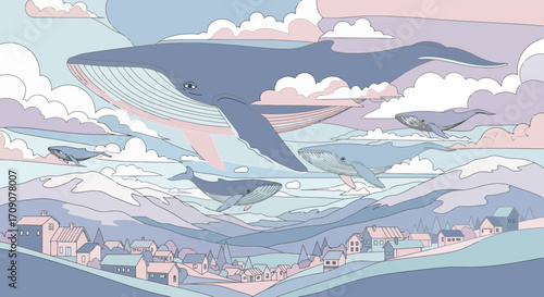 Dreamlike Landscape Illustration Featuring Whales Floating Above a Quaint Village, Suitable for Children's Books, Wall Art, or Fantasy-themed Design Projects.
