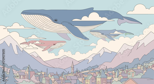 Whimsical Illustration of Flying Whales Over a Quaint Town Nestled in a Mountainous Landscape, Ideal for Children's Books or Fantasy Concept Art