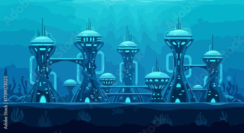 Futuristic underwater city concept with advanced architecture and marine life, suitable for science fiction games and educational resource materials.