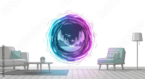 Surreal Living Room Interior with a Dimensional Portal Displaying a Distant Landscape, Suitable for Fantasy, Science Fiction, or Abstract Art Projects