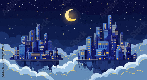 Futuristic Metropolis Floating Above the Clouds Under a Crescent Moon, Ideal for Illustrating Fantasy Worlds and Urban Planning Concepts
