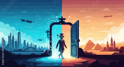 Symbolic Journey Through a Portal Connecting Modern Metropolis and Ancient Wonders, Ideal for Illustrating Time Travel, Cultural Exchange, or Conceptual Art Projects