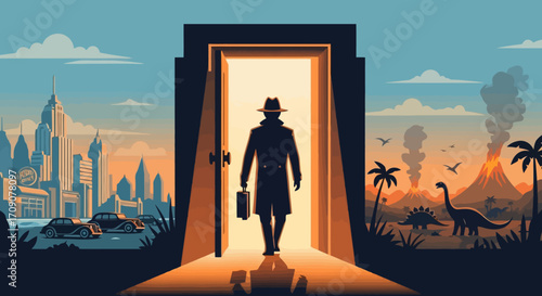 Mystery Man's Journey Through Time Portals, Unveiling Historical Eras and Modern Cityscapes, Ideal for Illustrating Science Fiction Concepts, Travel Adventures, or Historical Fiction