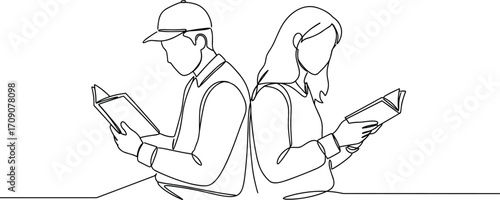 Continuous line drawing man and woman reading books, students studying, education concept, back to back learners, minimalist modern outline illustration