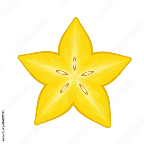 A bright yellow starfruit slice with visible seeds and a detailed texture