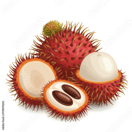 Vibrant illustration of a cluster of fresh, ripe rambutan fruits, showcasing their unique spiky red skin and juicy white flesh