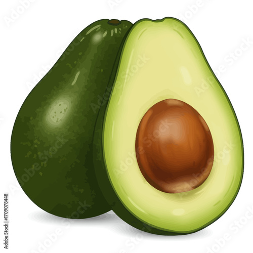 Vibrant digital illustration showcasing a whole and neatly halved avocado, revealing its rich green flesh and prominent brown seed on a pristine white background